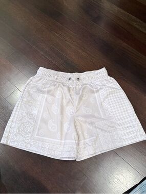Men or Women Kinetic King Workout Paisley Cream White Bandana Print Shorts